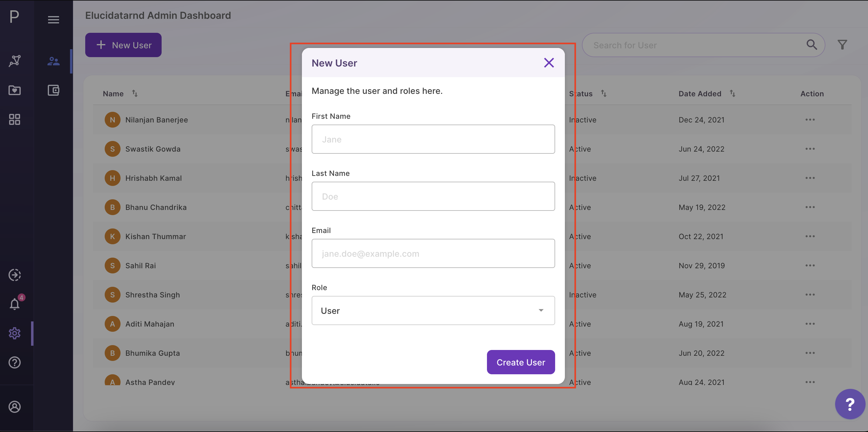 Details required for a new user