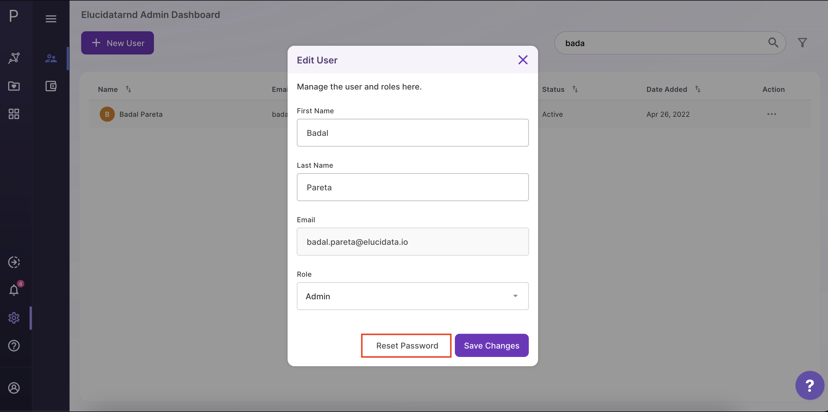 Reset password for a user