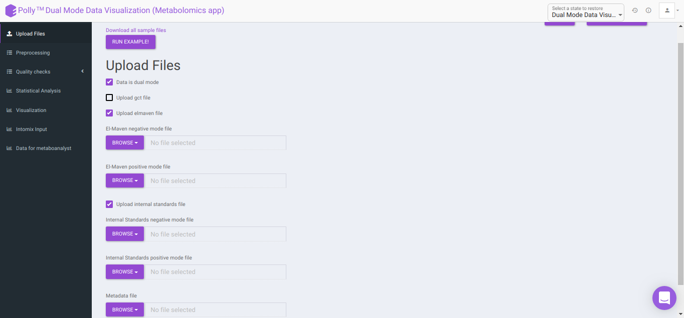 Upload Files Tab for dual-mode data: *Upload internal standards* *file* option is checked