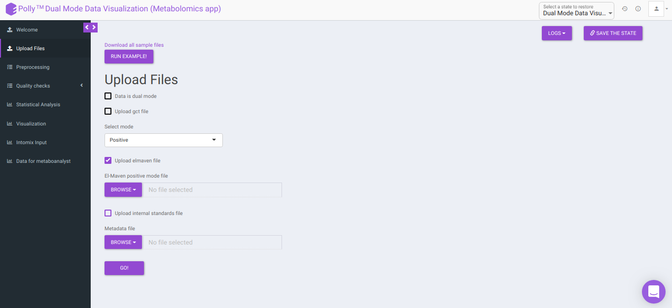 Upload Files Tab for single-mode data: default view