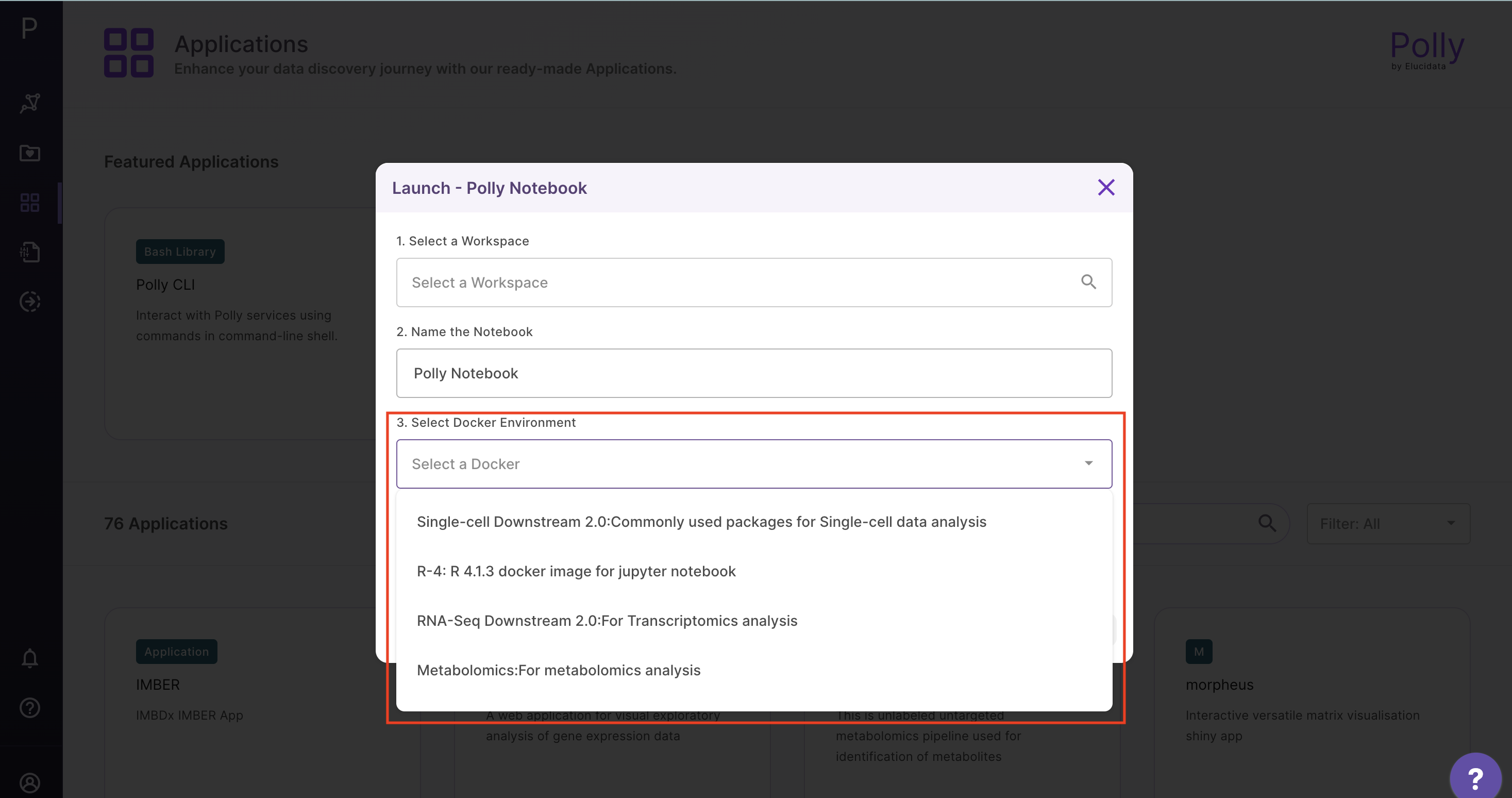 Menu to select various available environments