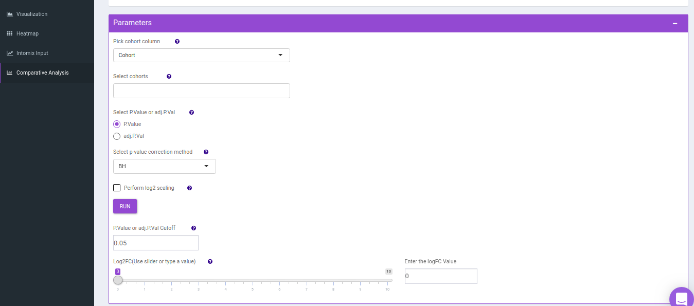 Comparison Parameters Tab options