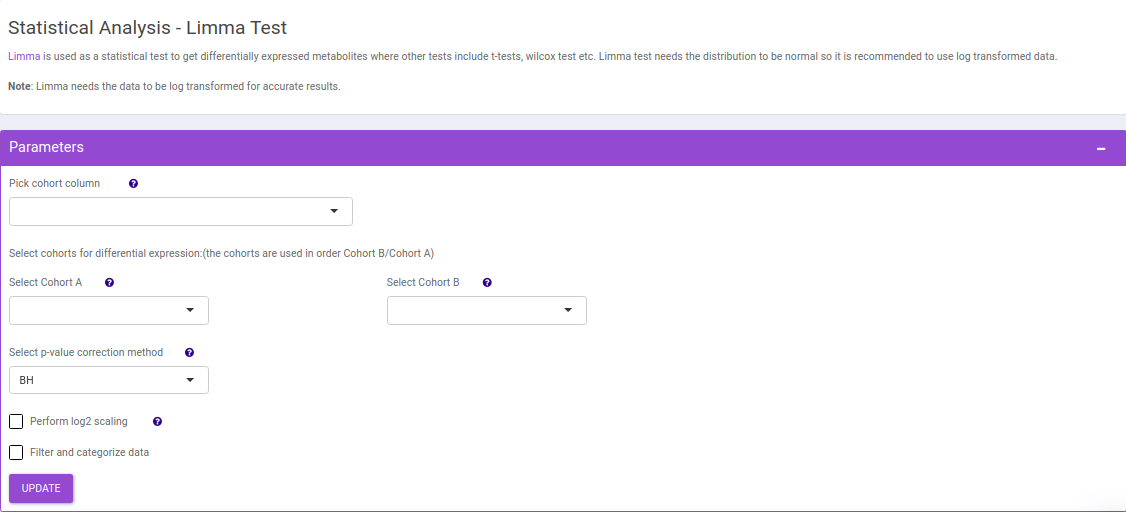 Statistical Analysis interface