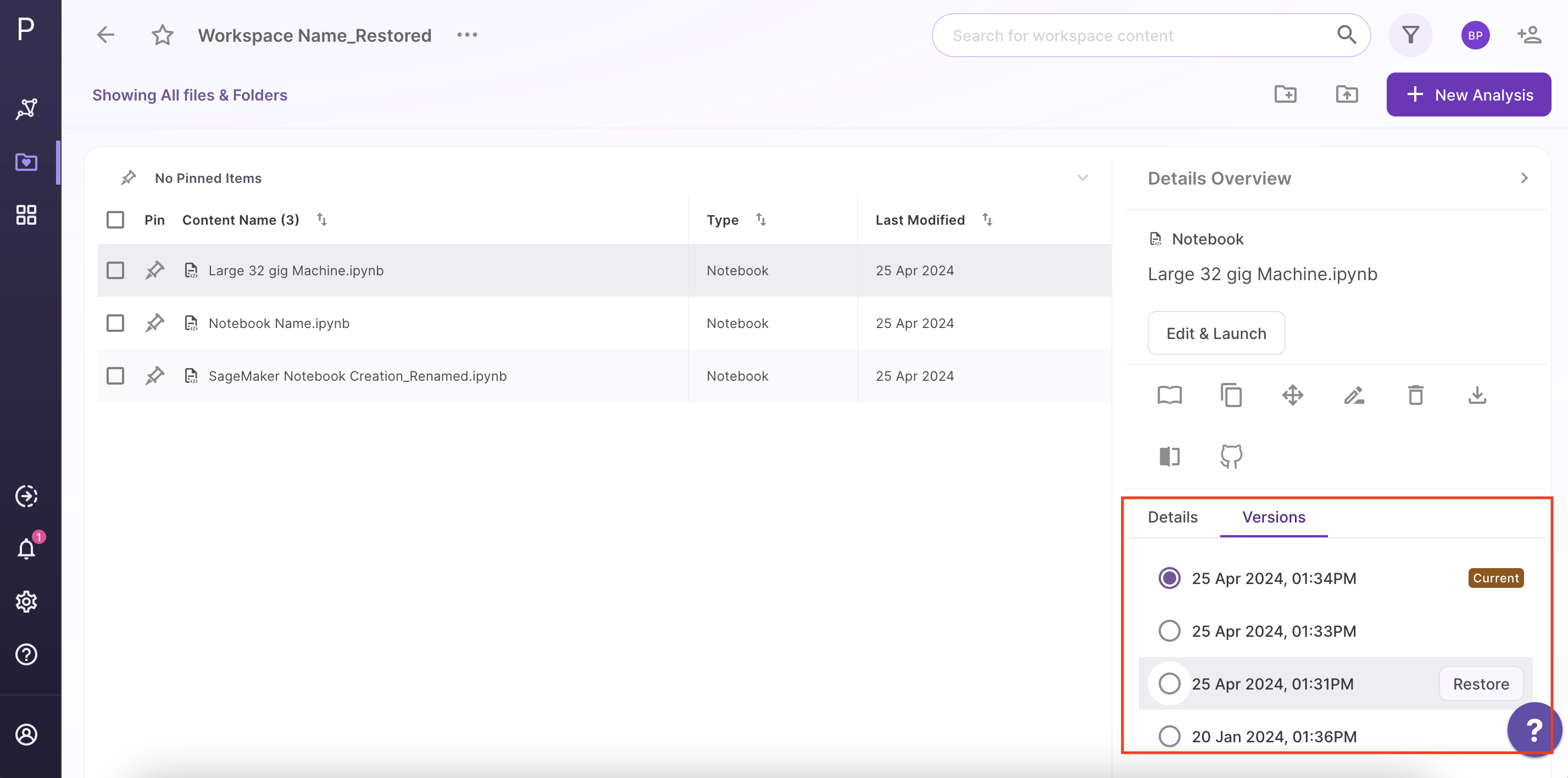 Accessing and Restoring an analysis